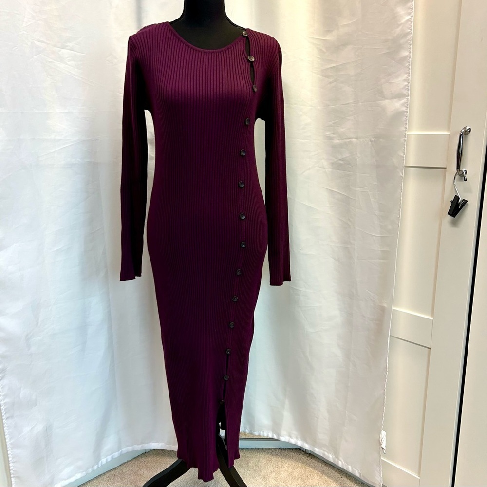 Calvin Klein maroon ribbed knit bodycon dress button detail long sleeve crewneck